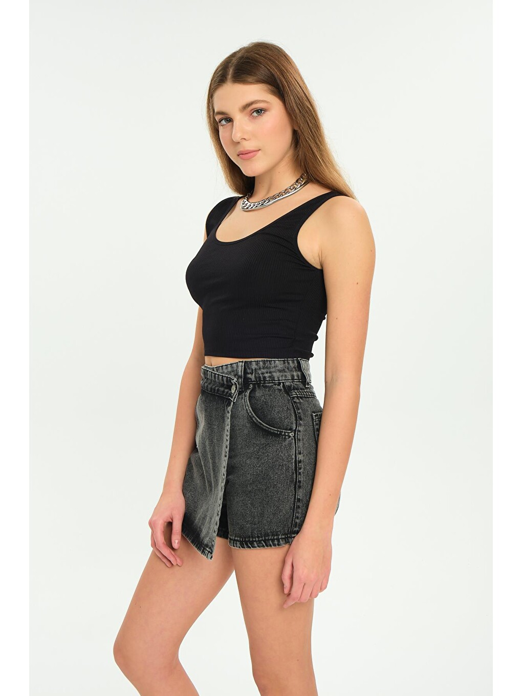Antrasit Tek Düğme, Fermuarlı Denim Şort Jean Kadın Etek-5