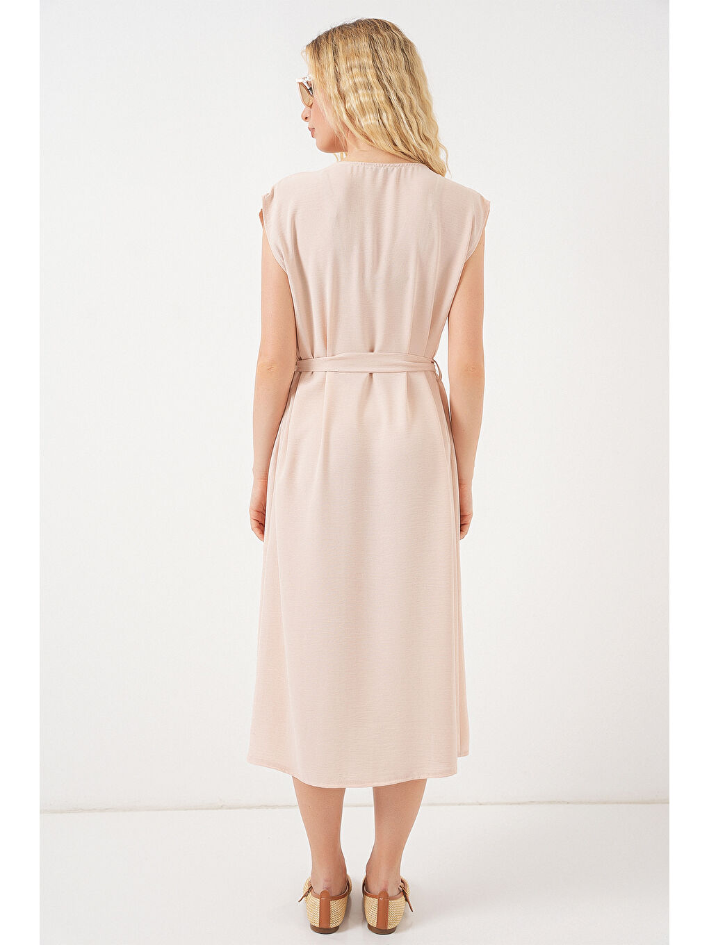 Ekru Kadın Sıfır Kol Kuşaklı Ayrobin Elbise 2568 - Krem-5