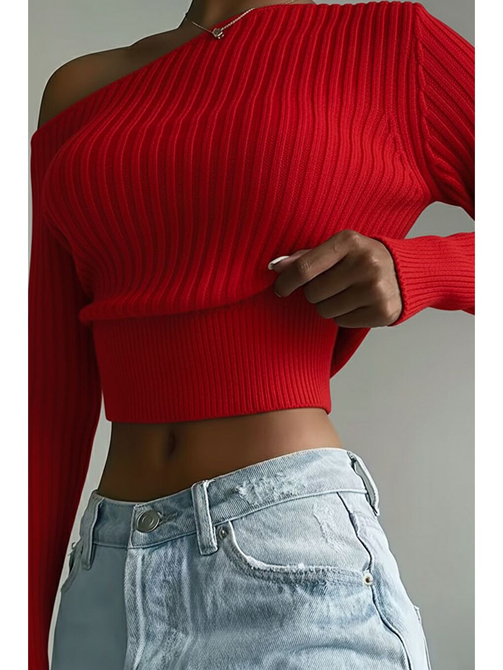 Kırmızı Omuz Açık Kabartmalı Kadın Triko Kazak