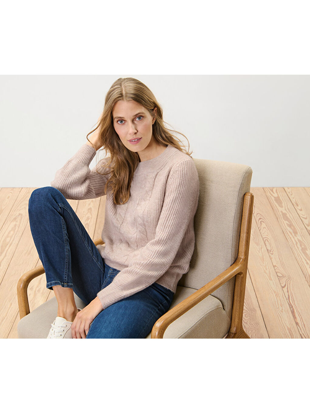 Ekru Kadın Kazak, Saç Örgü, Krem-2