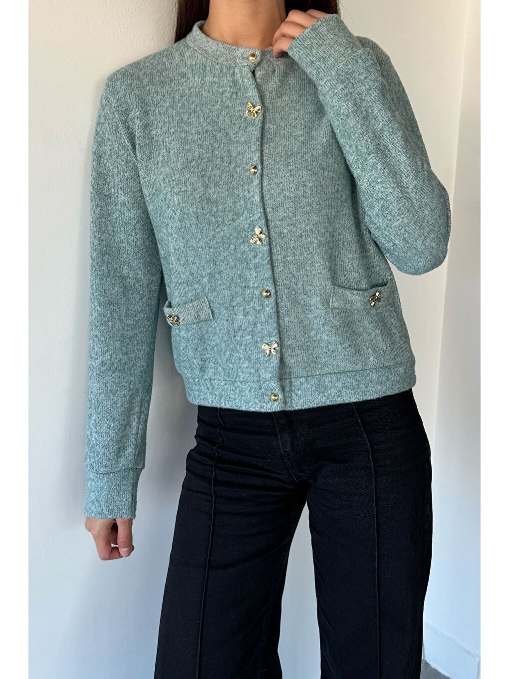 Yeşil Kadın Fiyonk Düğmeli Triko Hırka