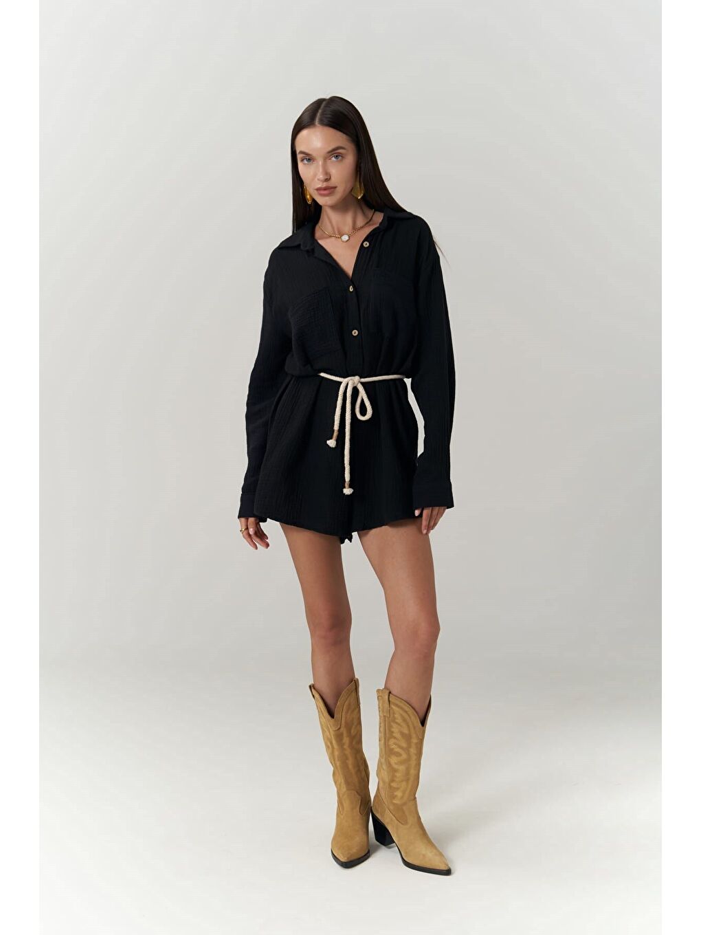 Anetta Siyah Müslin Kısa Tulum-1