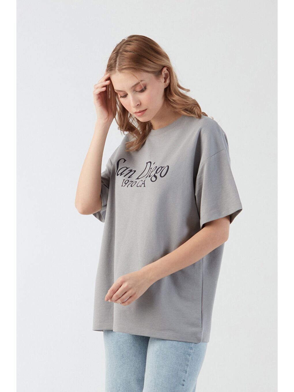 Gri San Diego Baskılı Oversize Tişört-3