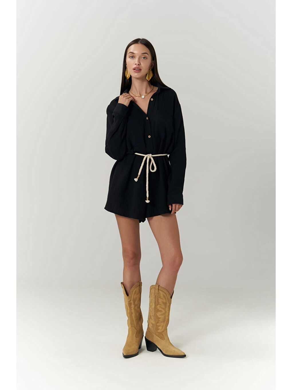 Anetta Siyah Müslin Kısa Tulum-6