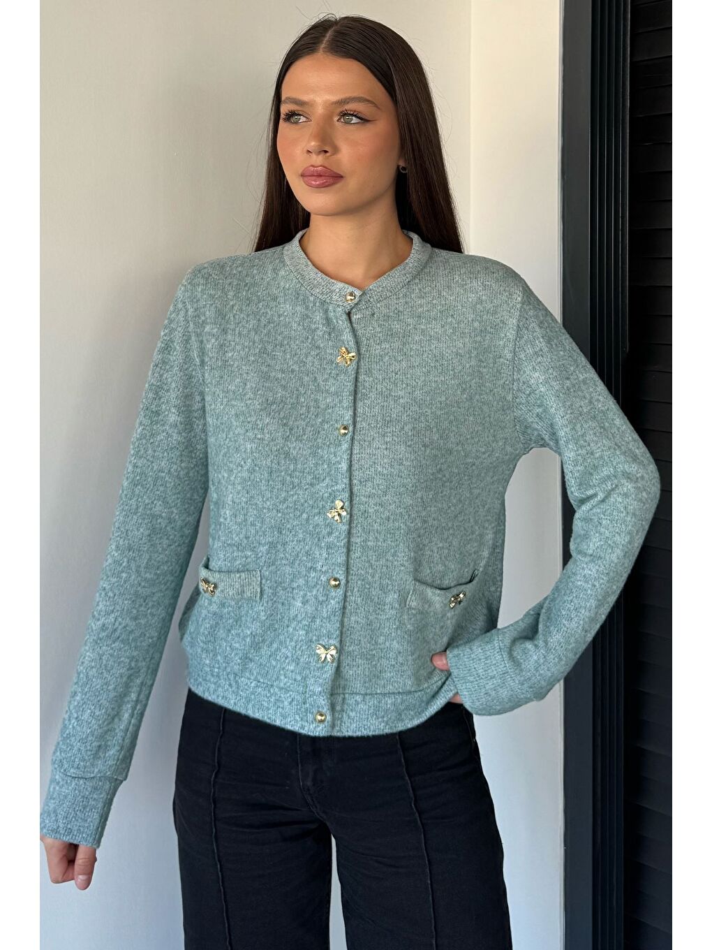 Yeşil Kadın Fiyonk Düğmeli Triko Hırka-3