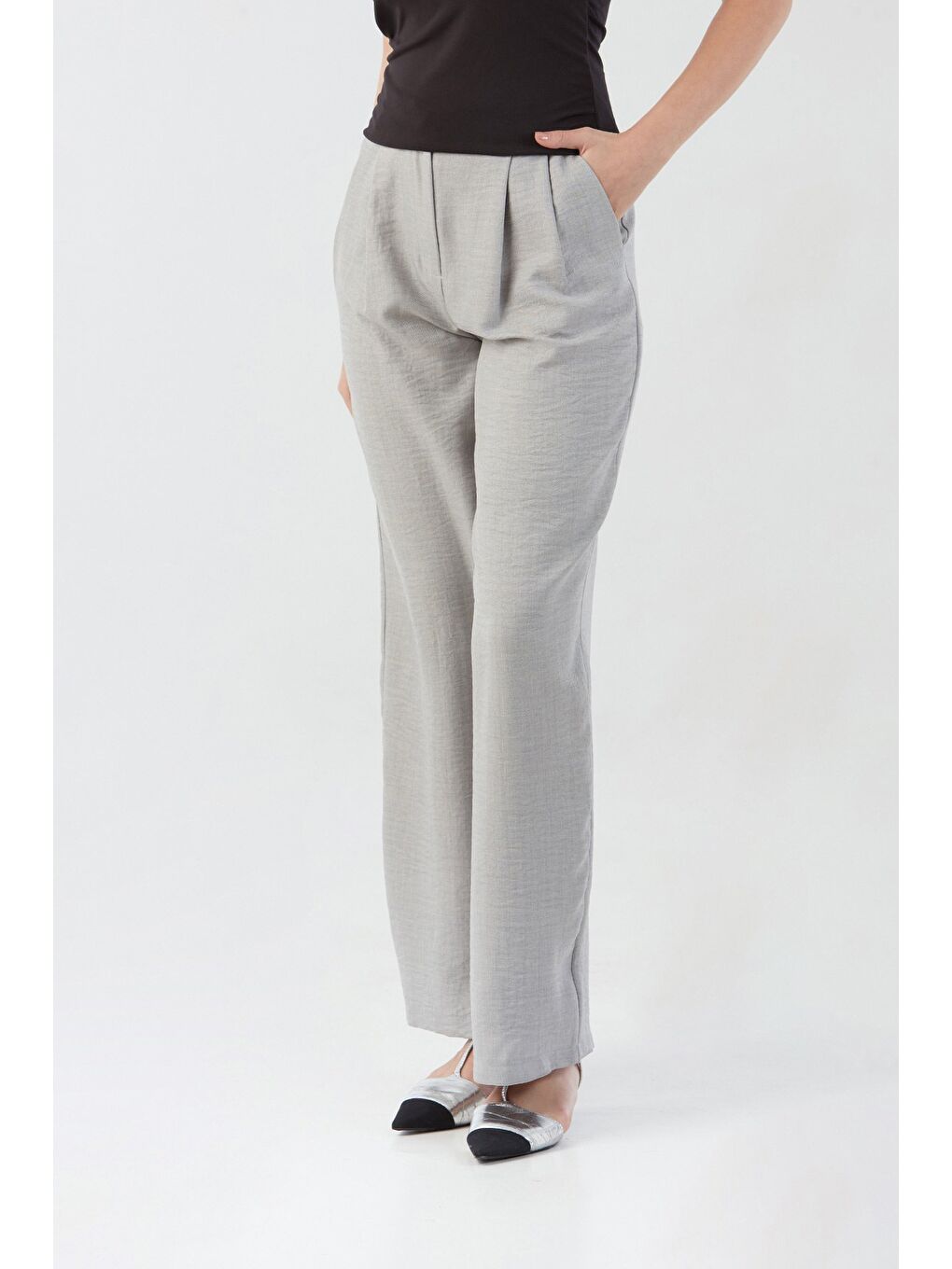 Gri Düğmeli Yüksek Bel Palazzo Pantolon-1