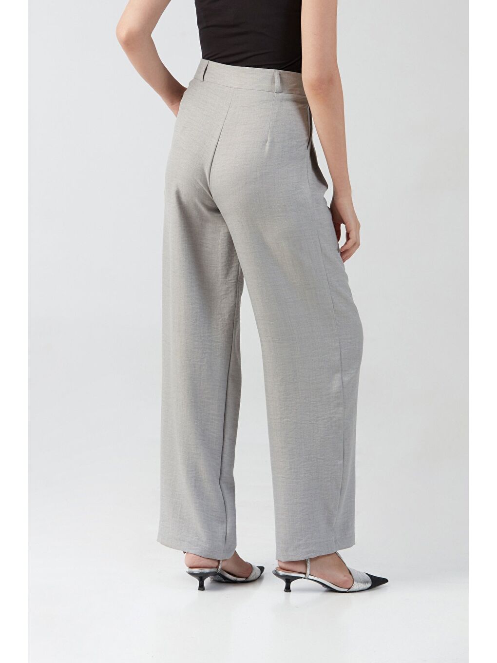 Gri Düğmeli Yüksek Bel Palazzo Pantolon-2