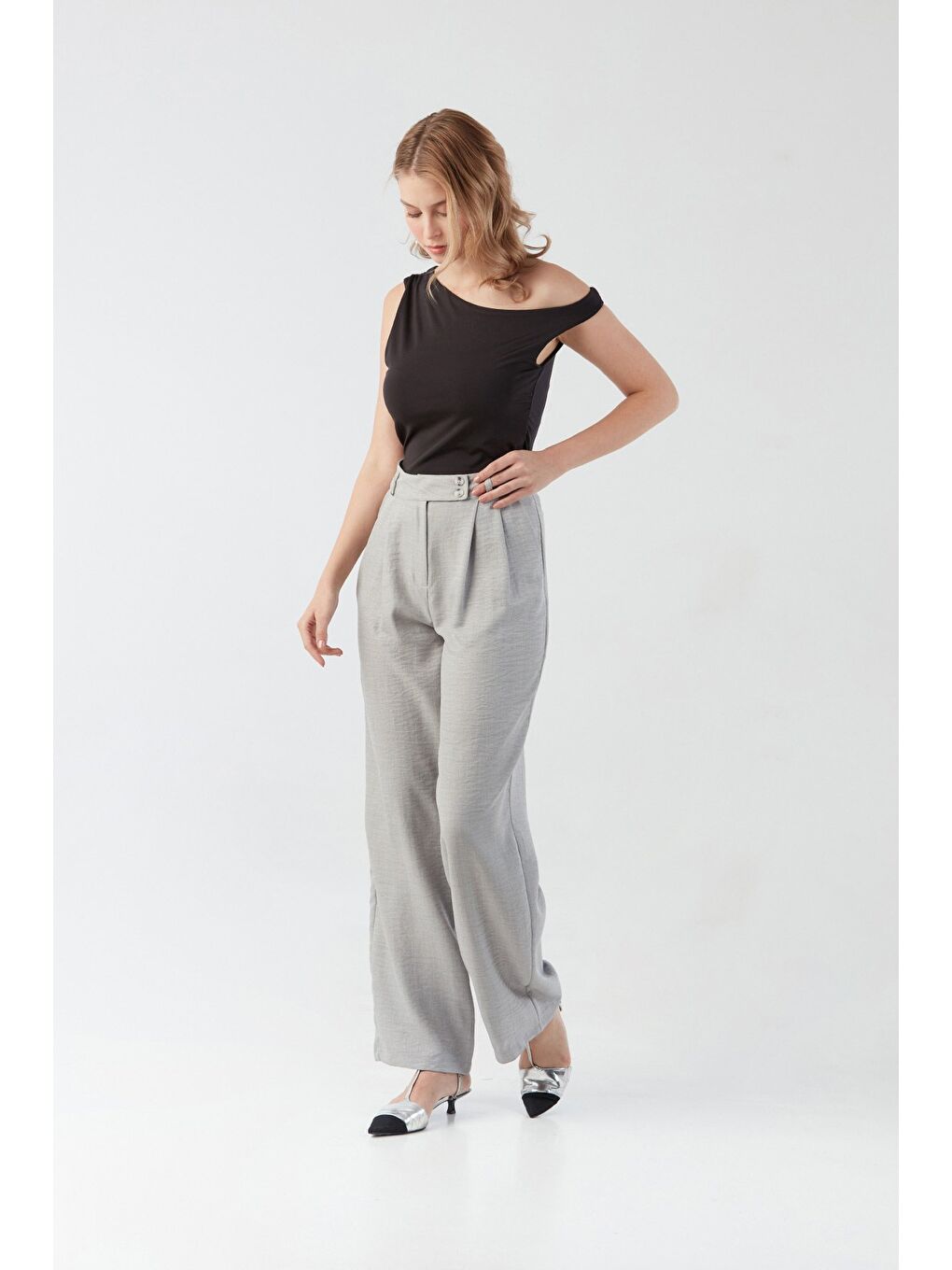 Gri Düğmeli Yüksek Bel Palazzo Pantolon-3