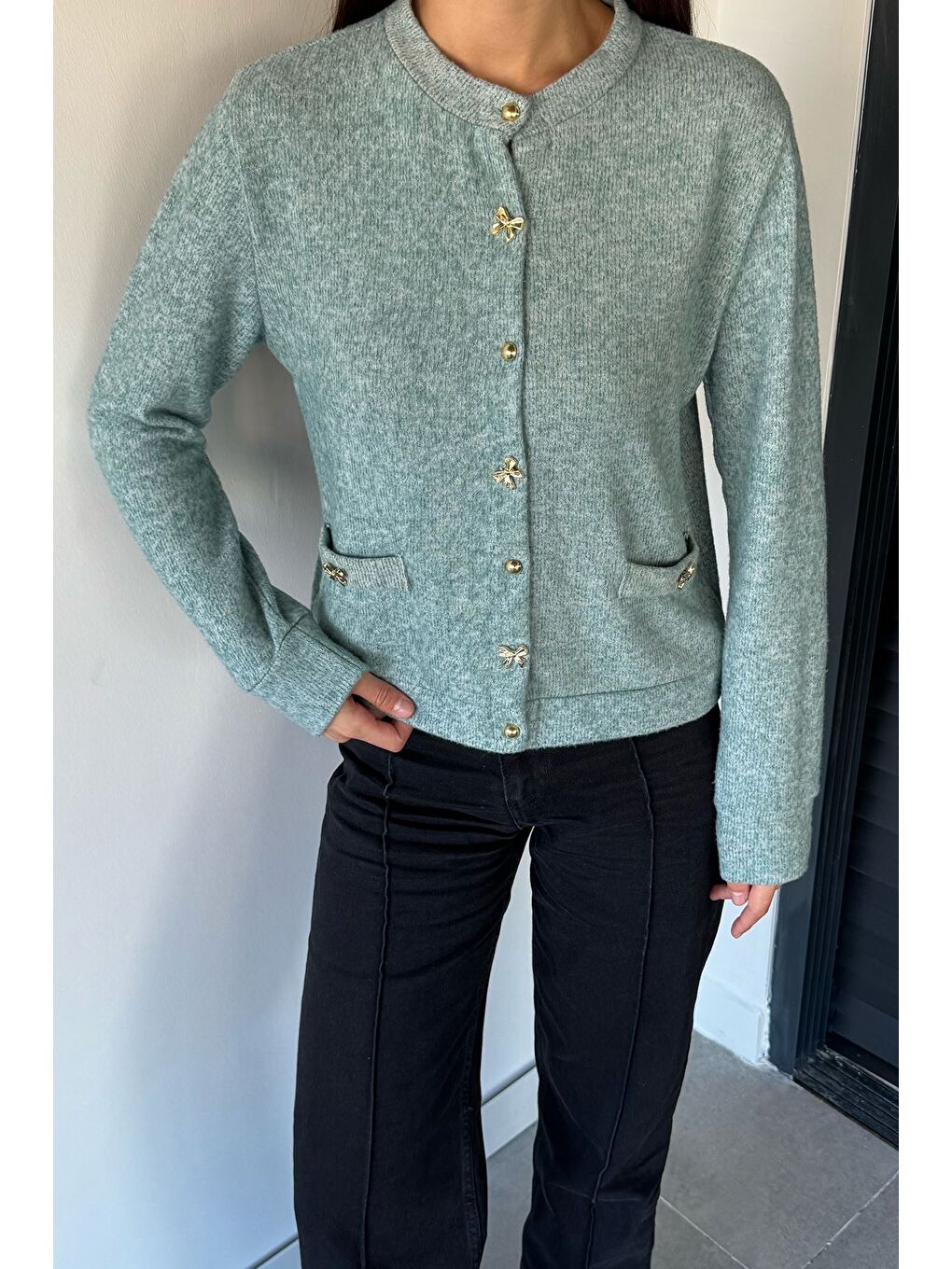 Yeşil Kadın Fiyonk Düğmeli Triko Hırka-5