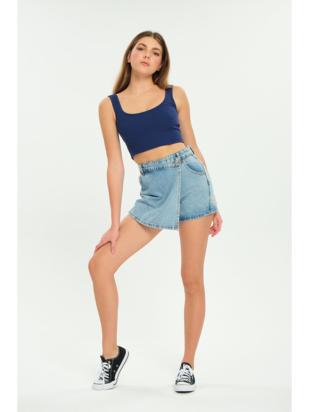 Mavi Tek Düğme, fermuarlı Denim Şort Jean Kadın Etek-1