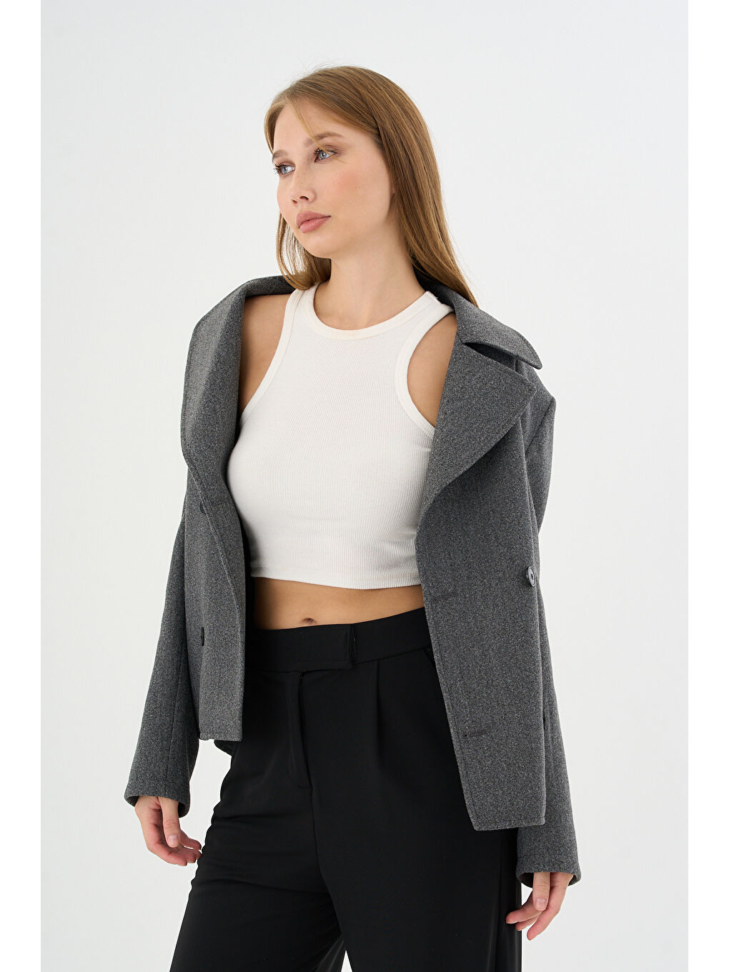 Kadın Oversize  Kruvaze Kaşe Mont Ceket Gri-1