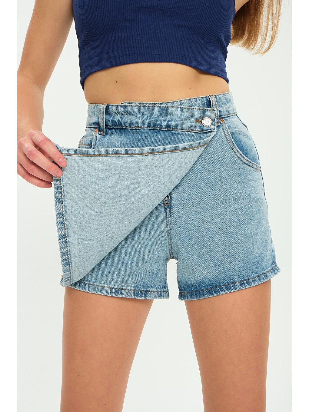 Mavi Tek Düğme, fermuarlı Denim Şort Jean Kadın Etek-2