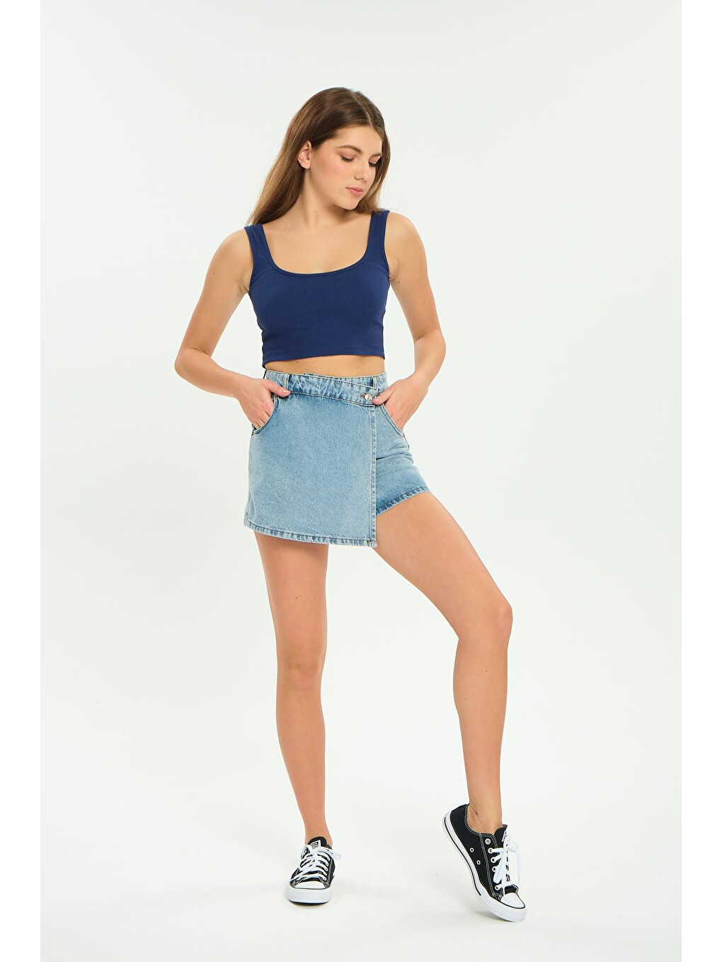 Mavi Tek Düğme, fermuarlı Denim Şort Jean Kadın Etek-3