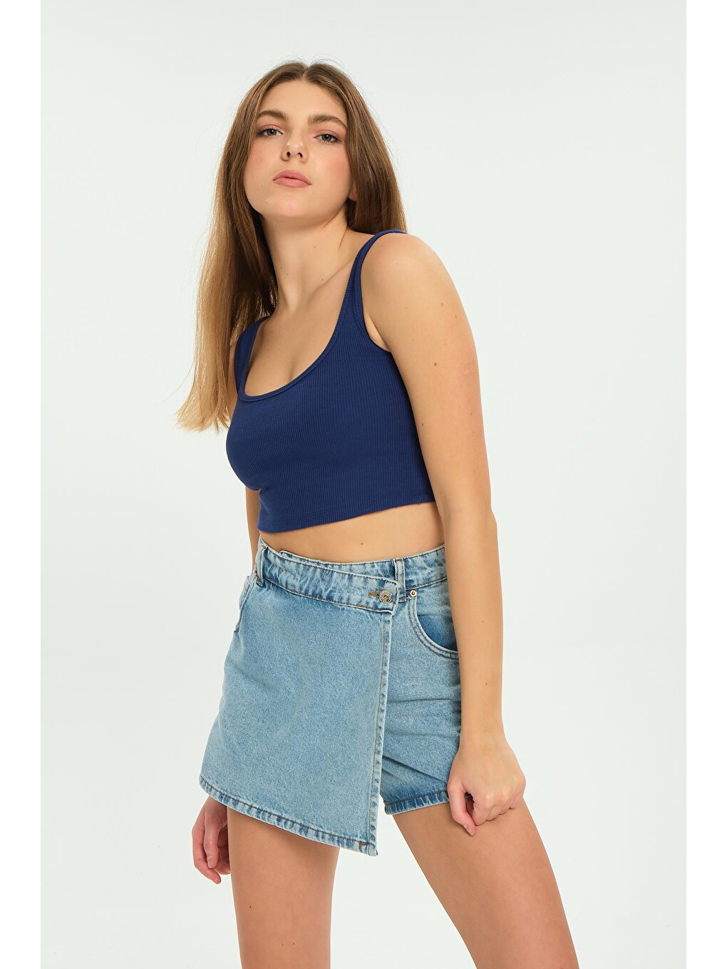 Mavi Tek Düğme, fermuarlı Denim Şort Jean Kadın Etek-4