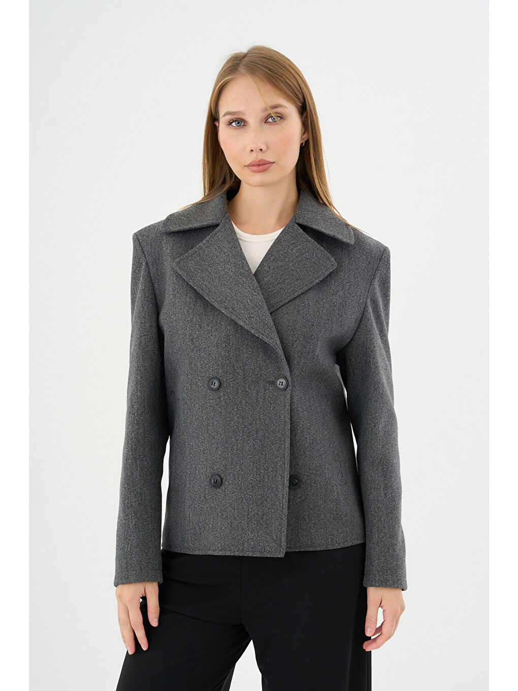 Kadın Oversize  Kruvaze Kaşe Mont Ceket Gri-2