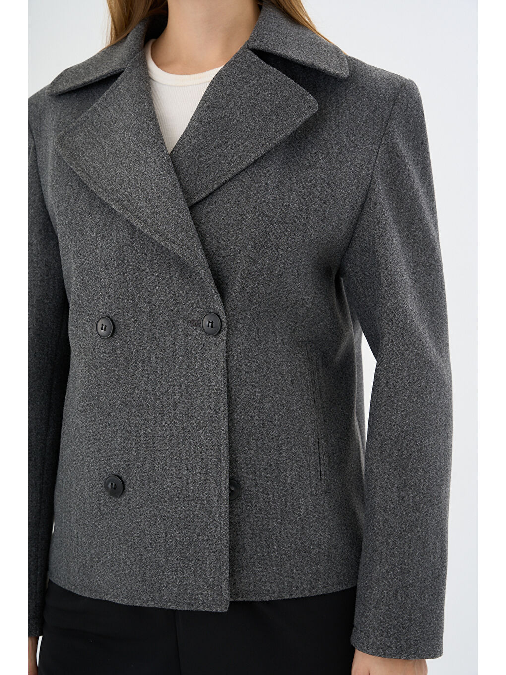 Kadın Oversize  Kruvaze Kaşe Mont Ceket Gri-3