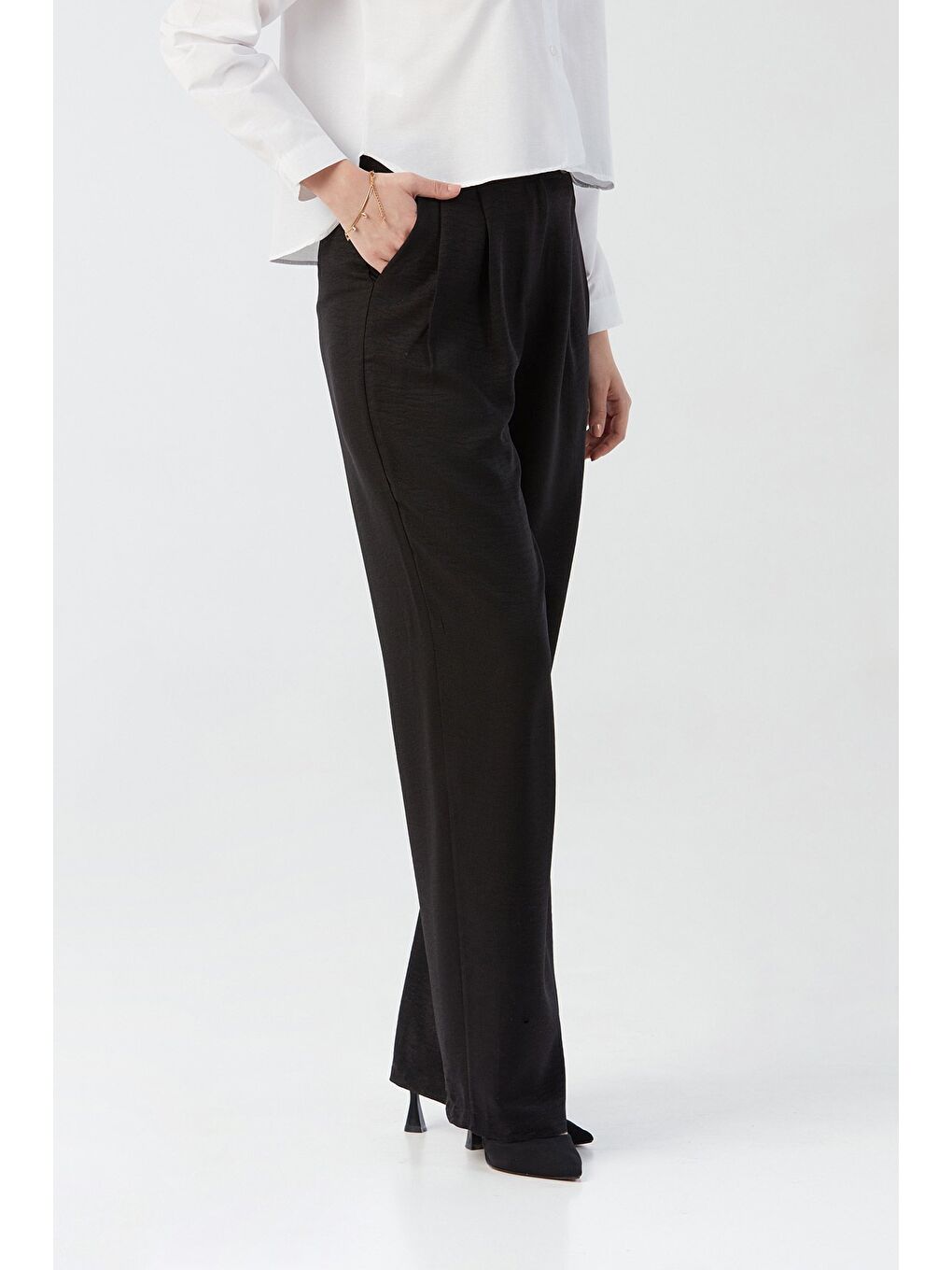 Siyah Düğmeli Yüksek Bel Palazzo Pantolon-2