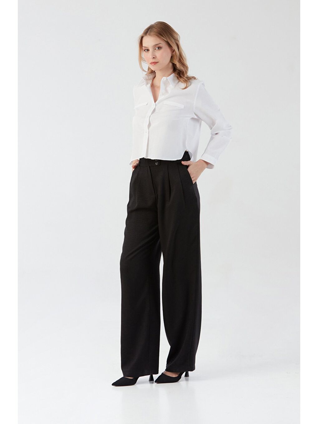 Siyah Düğmeli Yüksek Bel Palazzo Pantolon-3