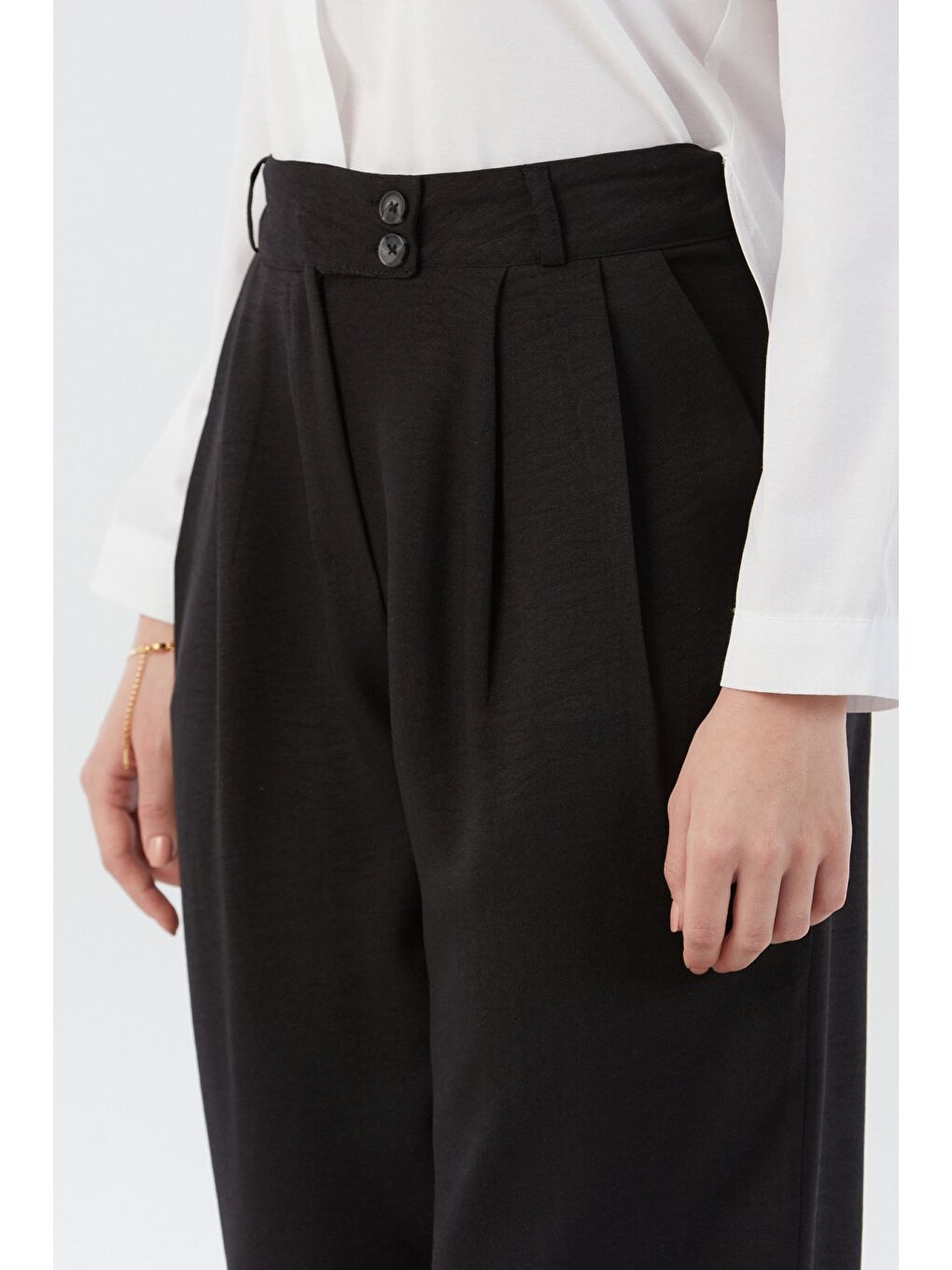 Siyah Düğmeli Yüksek Bel Palazzo Pantolon-4