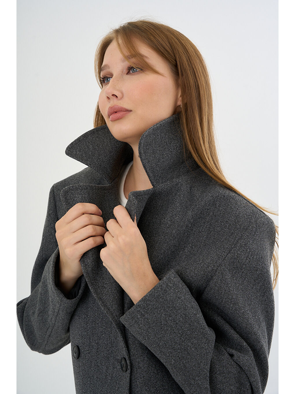 Kadın Oversize  Kruvaze Kaşe Mont Ceket Gri-4