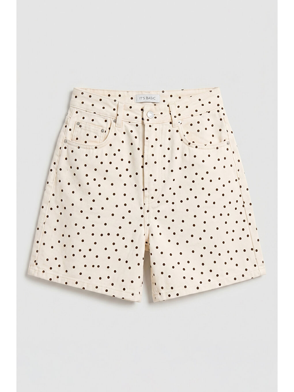 Bej Kadın 7s6 Puantiye Desen Mom Fit Midi Boy Özel Kumaş Denim Şort-2