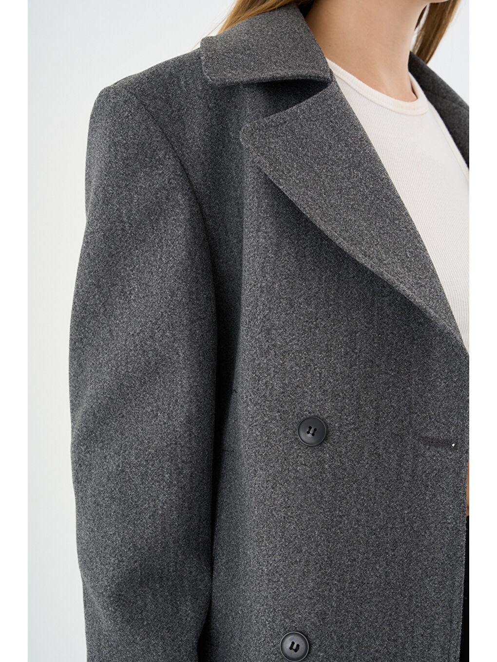 Kadın Oversize  Kruvaze Kaşe Mont Ceket Gri-5