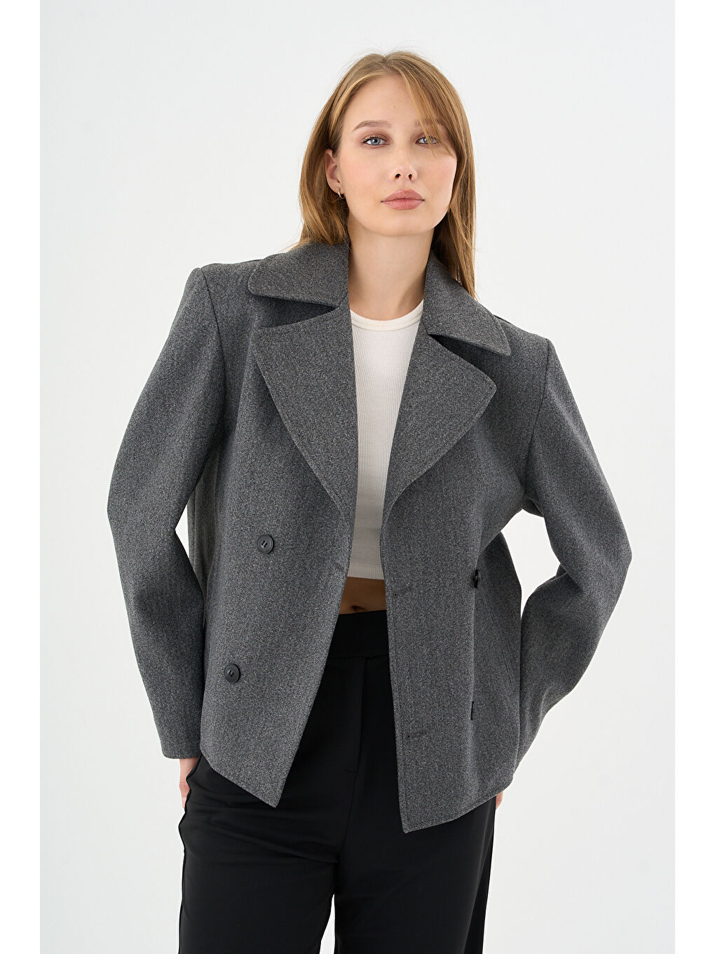 Kadın Oversize  Kruvaze Kaşe Mont Ceket Gri-6