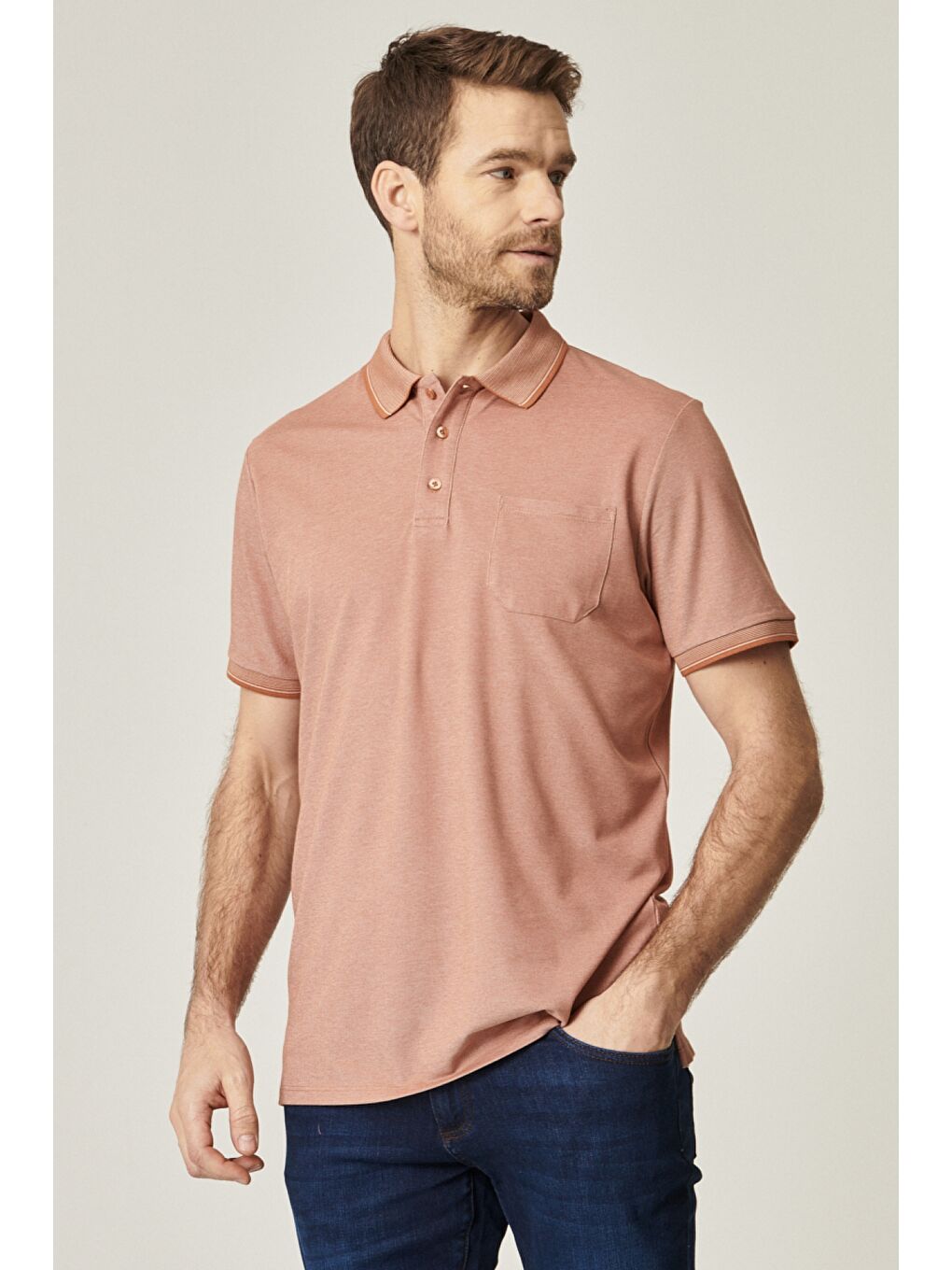 Kahverengi Erkek Kiremit-Bej Pamuklu Comfort Fit Rahat Kesim Polo Yaka Cepli Tişört