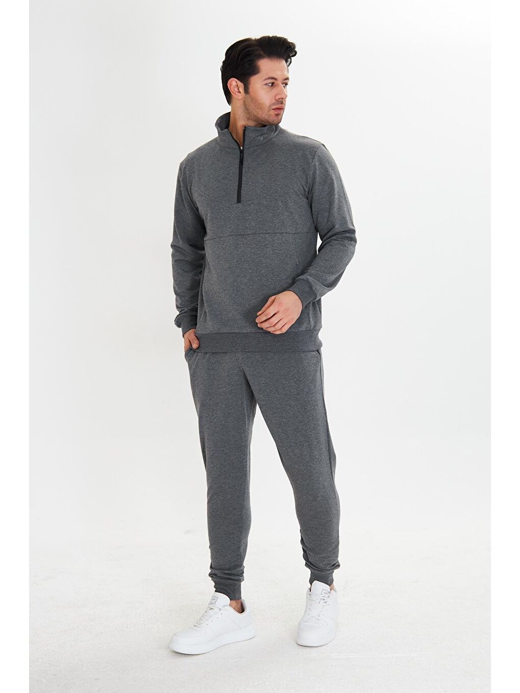 Yarım Fermuarlı Pamuklu Erkek Eşofman Takımı Antrasit 5709-A