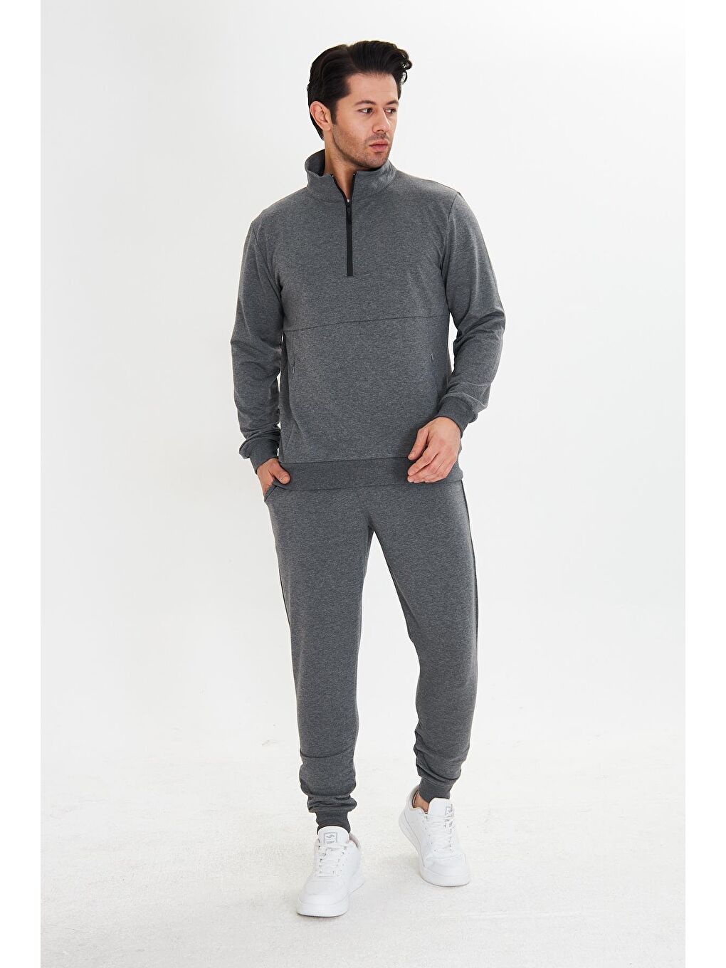 Yarım Fermuarlı Pamuklu Erkek Eşofman Takımı Antrasit 5709-A-1