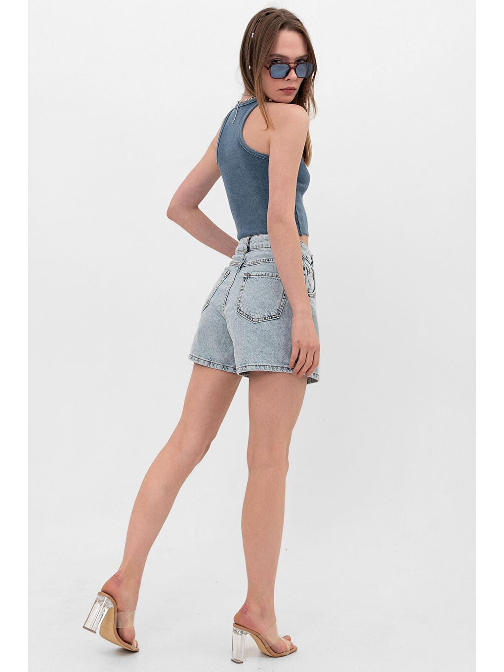 Mavi Tek Düğme, fermuarlı Denim Şort Jean Kadın Etek-1