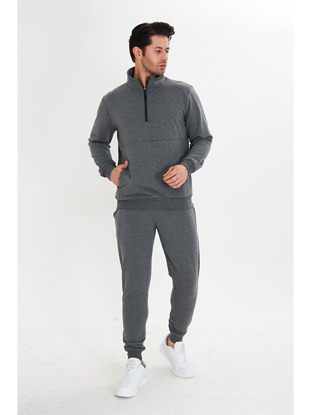 Yarım Fermuarlı Pamuklu Erkek Eşofman Takımı Antrasit 5709-A-2
