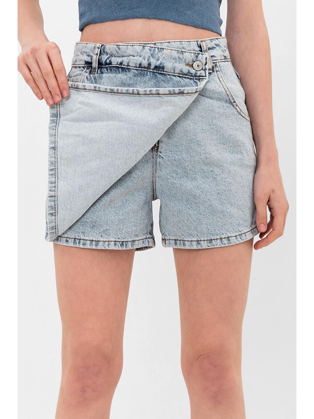 Mavi Tek Düğme, fermuarlı Denim Şort Jean Kadın Etek-2