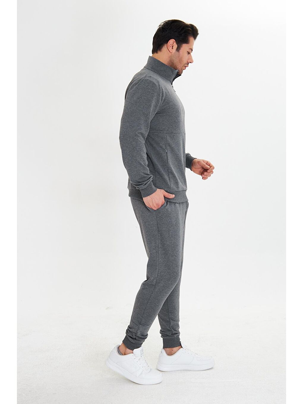 Yarım Fermuarlı Pamuklu Erkek Eşofman Takımı Antrasit 5709-A-3