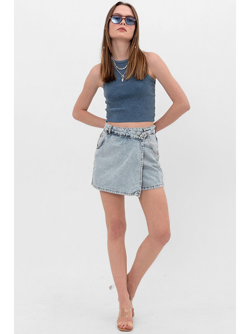 Mavi Tek Düğme, fermuarlı Denim Şort Jean Kadın Etek-3