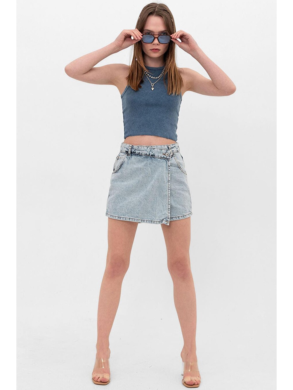 Mavi Tek Düğme, fermuarlı Denim Şort Jean Kadın Etek-4