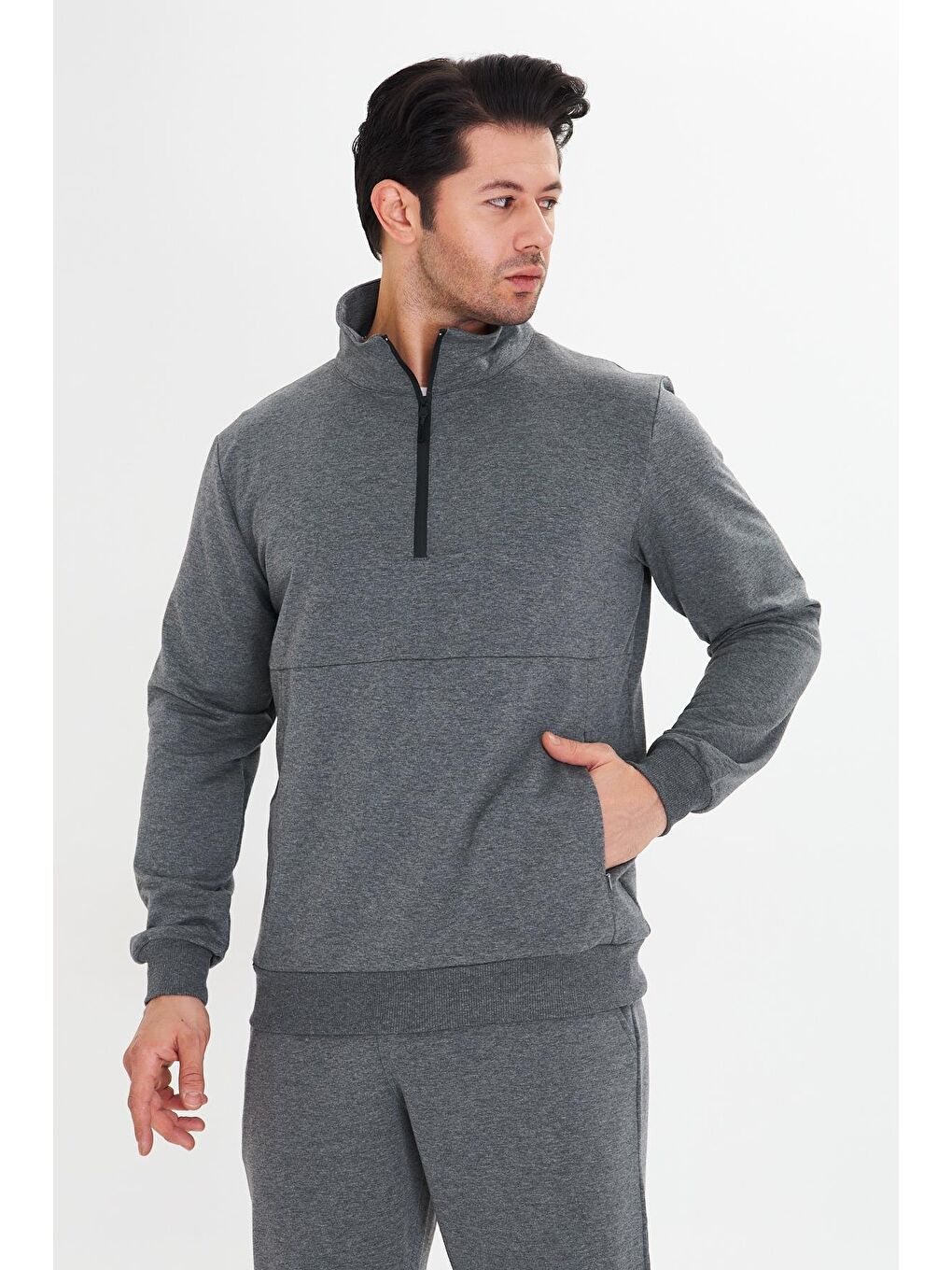 Yarım Fermuarlı Pamuklu Erkek Eşofman Takımı Antrasit 5709-A-5
