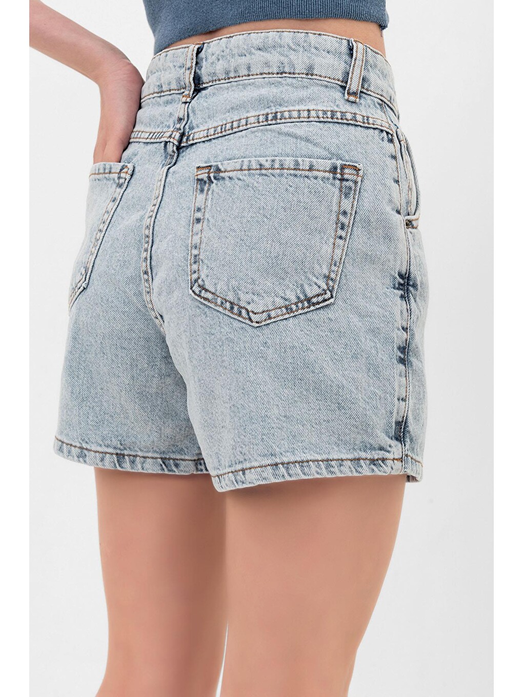 Mavi Tek Düğme, fermuarlı Denim Şort Jean Kadın Etek-5