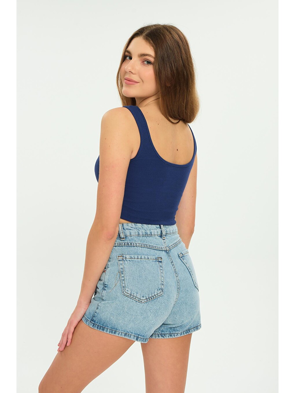 Mavi Tek Düğme, fermuarlı Denim Şort Jean Kadın Etek-6