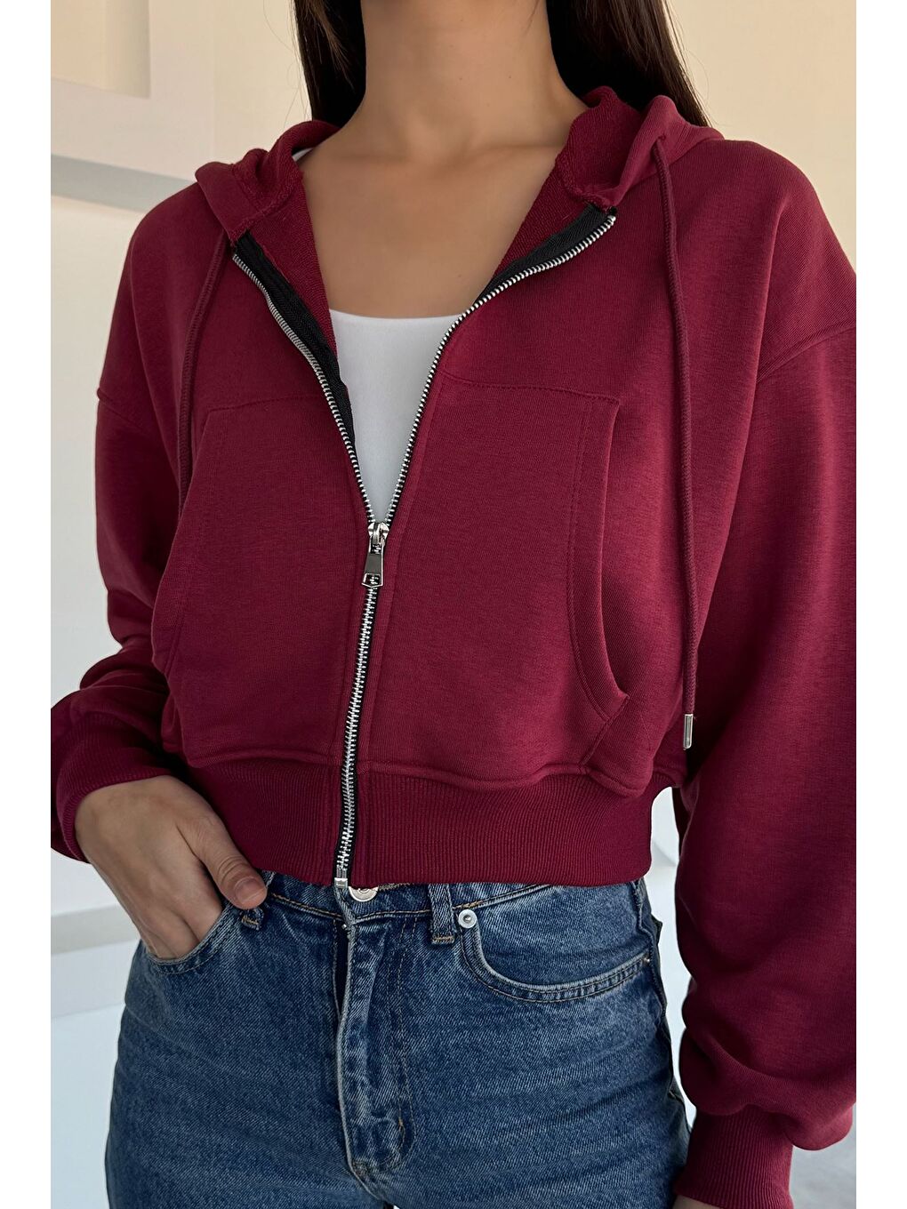Bordo Kadın Ön Fermuarlı Kapüşonlu Çift Cepli Sweatshirt-1