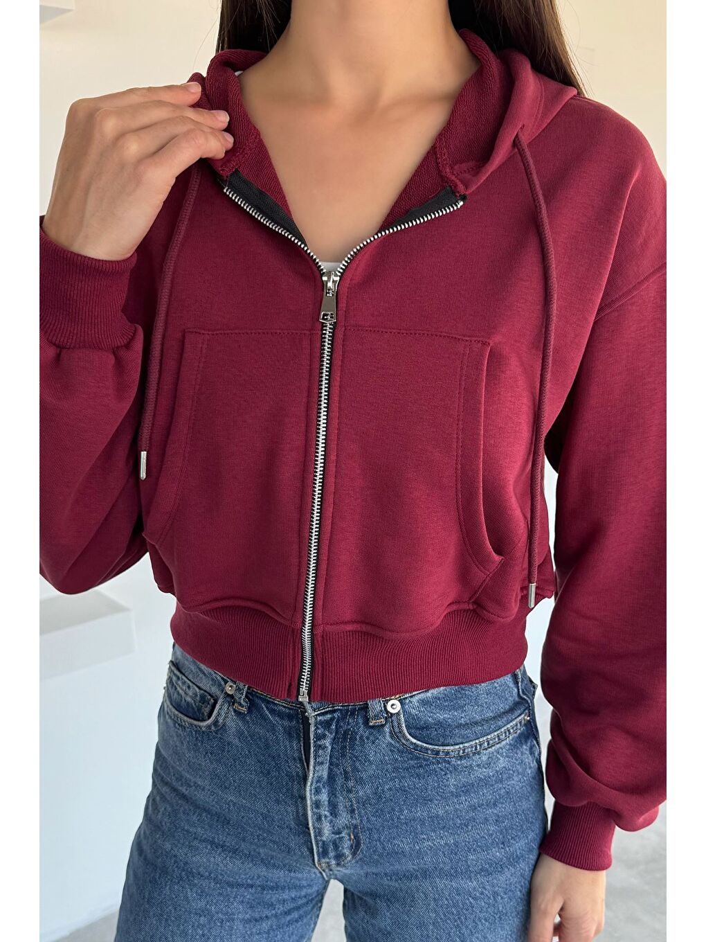 Bordo Kadın Ön Fermuarlı Kapüşonlu Çift Cepli Sweatshirt-2