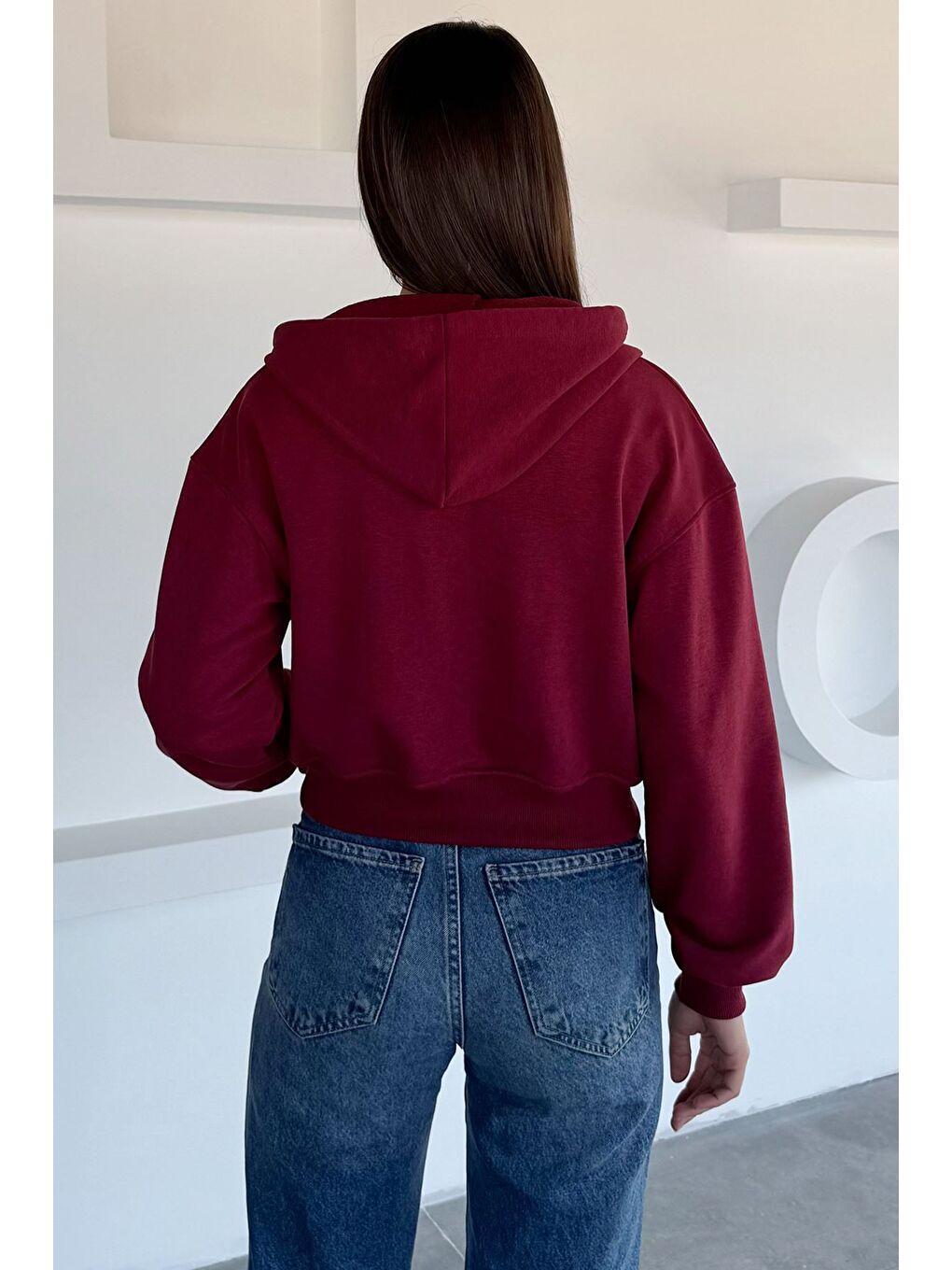 Bordo Kadın Ön Fermuarlı Kapüşonlu Çift Cepli Sweatshirt-3