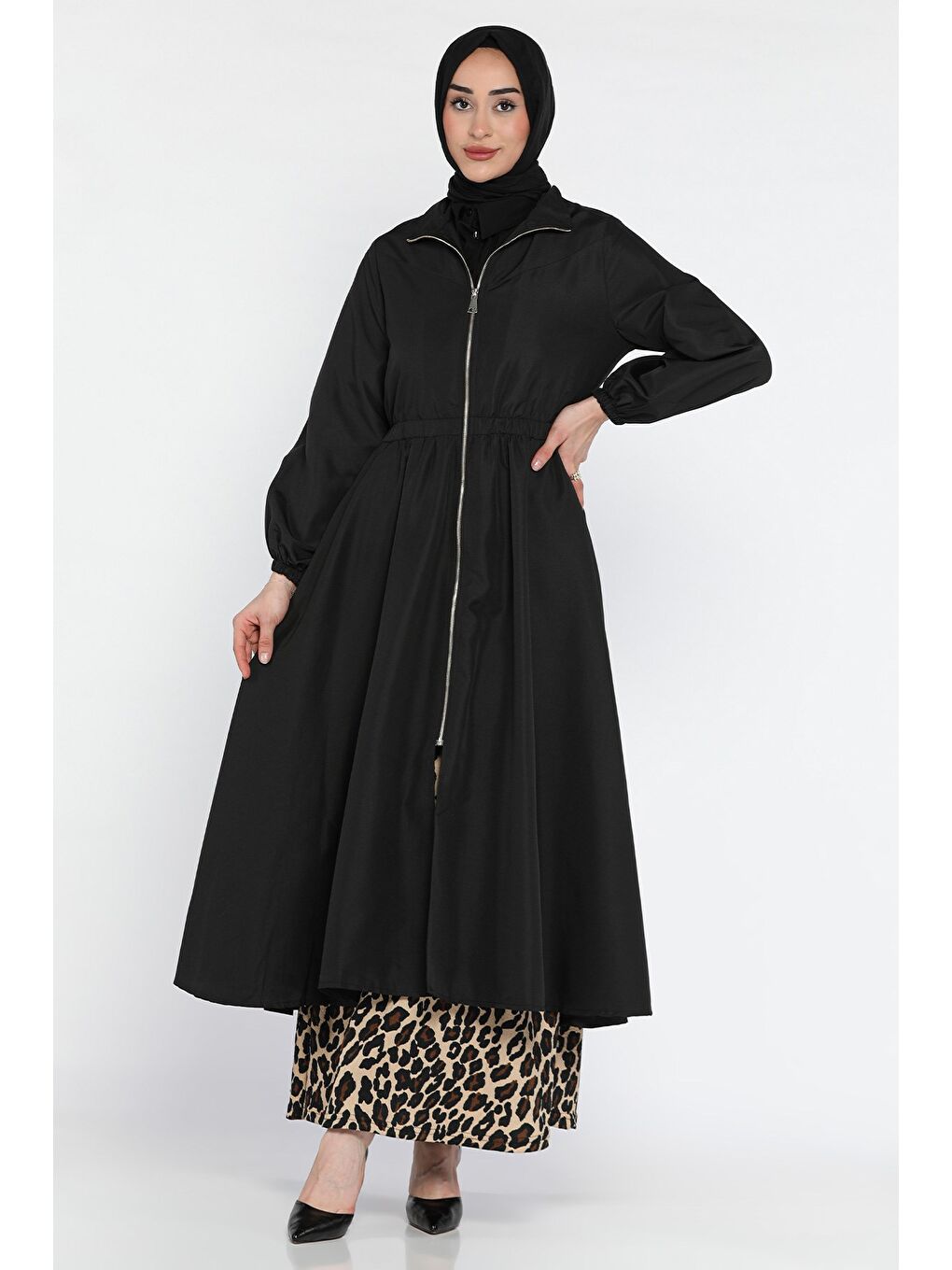 Siyah Kadın Boydan Fermuarlı Bel Lastikli Tesettür Trençkot-4