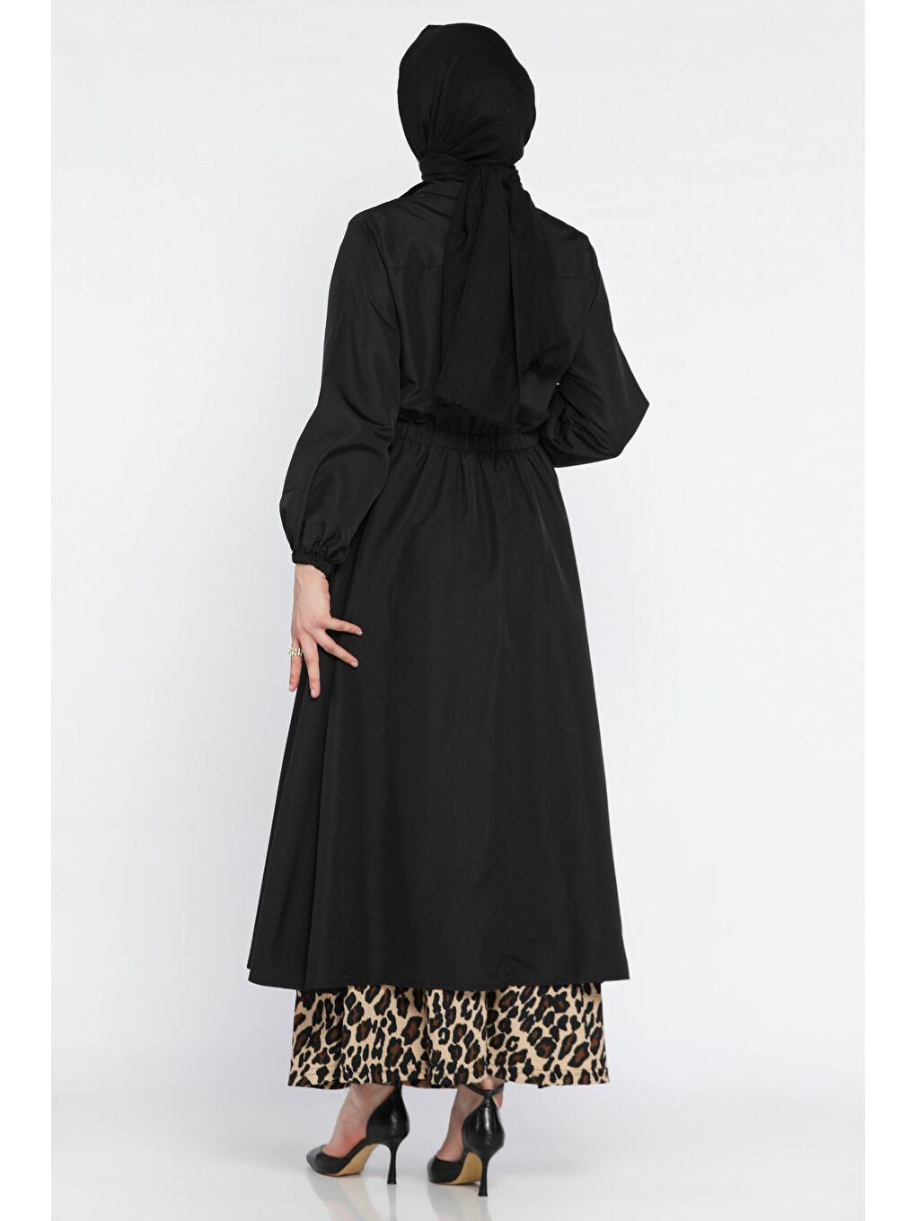 Siyah Kadın Boydan Fermuarlı Bel Lastikli Tesettür Trençkot-7