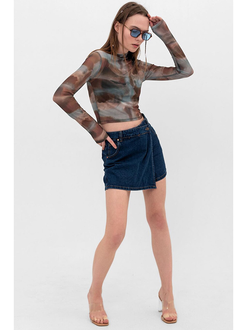 Lacivert Tek Düğme, fermuarlı Denim Şort Jean Kadın Etek-3