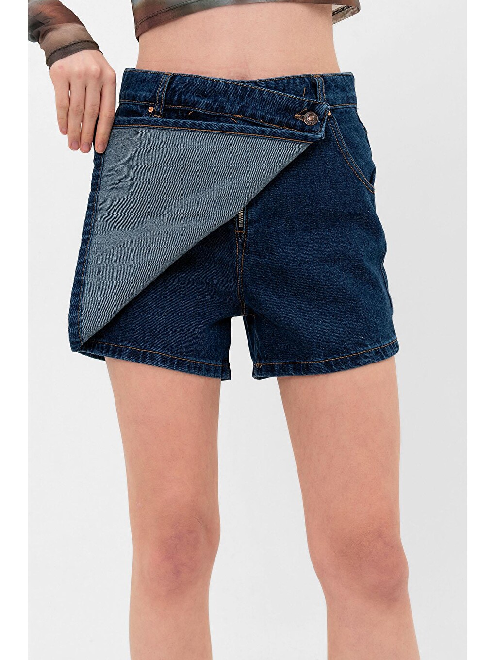 Lacivert Tek Düğme, fermuarlı Denim Şort Jean Kadın Etek-4