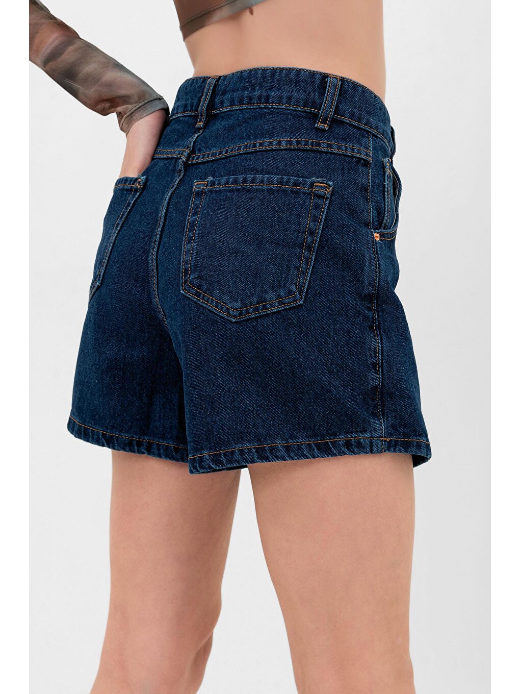 Lacivert Tek Düğme, fermuarlı Denim Şort Jean Kadın Etek-5