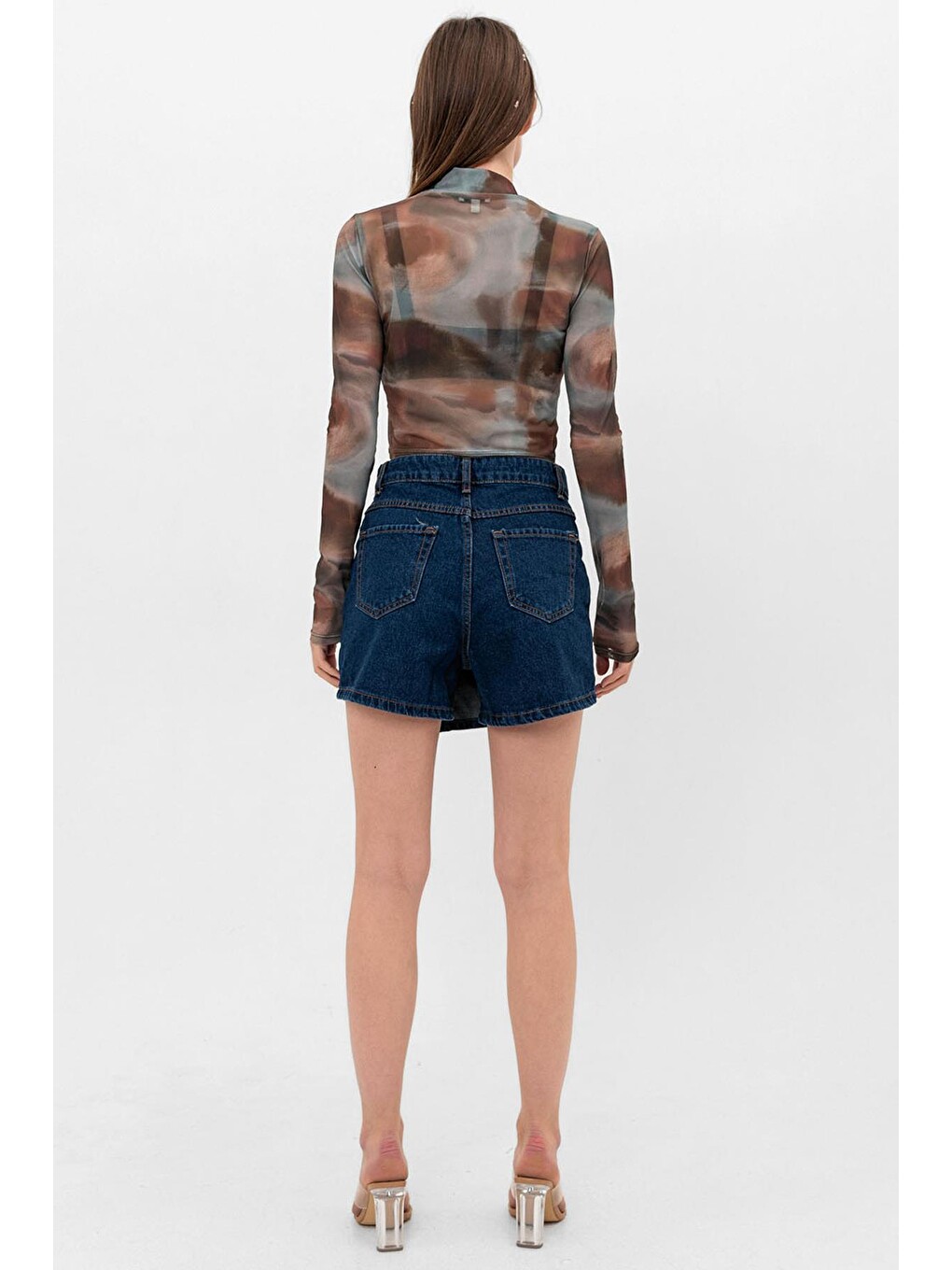 Lacivert Tek Düğme, fermuarlı Denim Şort Jean Kadın Etek-6
