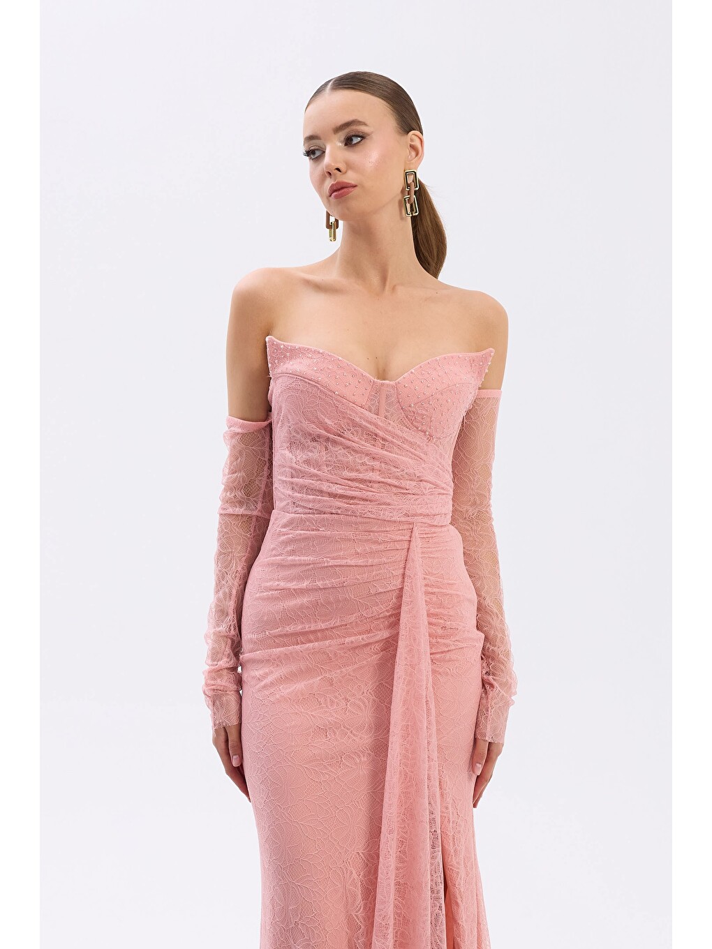 Pembe Pudra Kedi Kulağı Eldivenli Tül Abiye Elbise-1