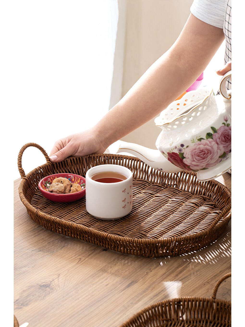 Kahverengi 708-C Oval 3'lü Dekoratif Ev Mutfak Düzenleyici Kulplu Hasır Sepet Seti Hasır Tepsi-1